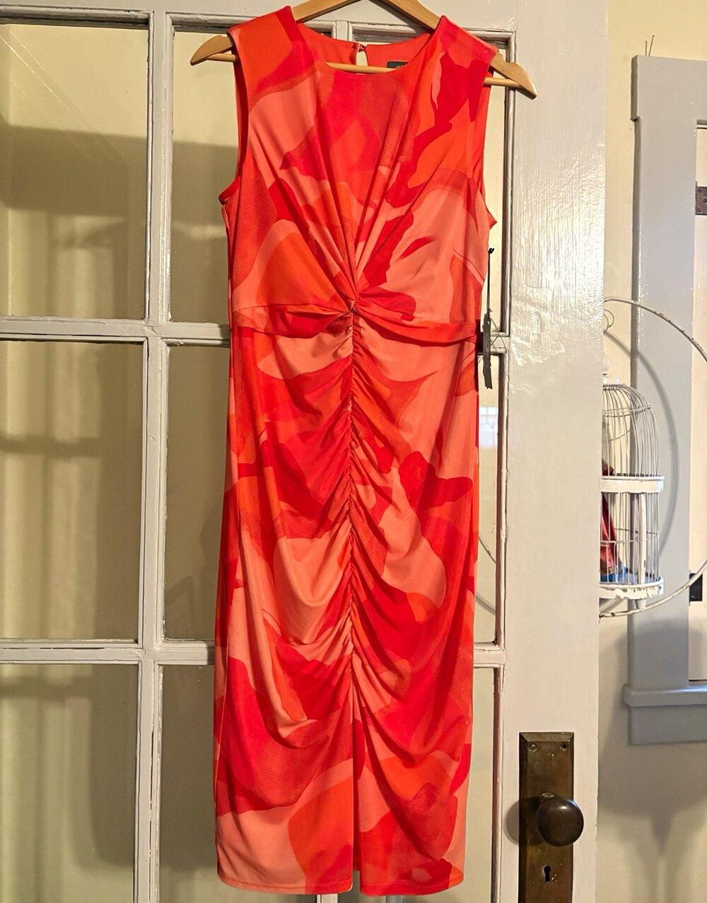 NWT Vince Camuto Ruched Midi Dress Size 6 Orange Pink Abstract Print $128